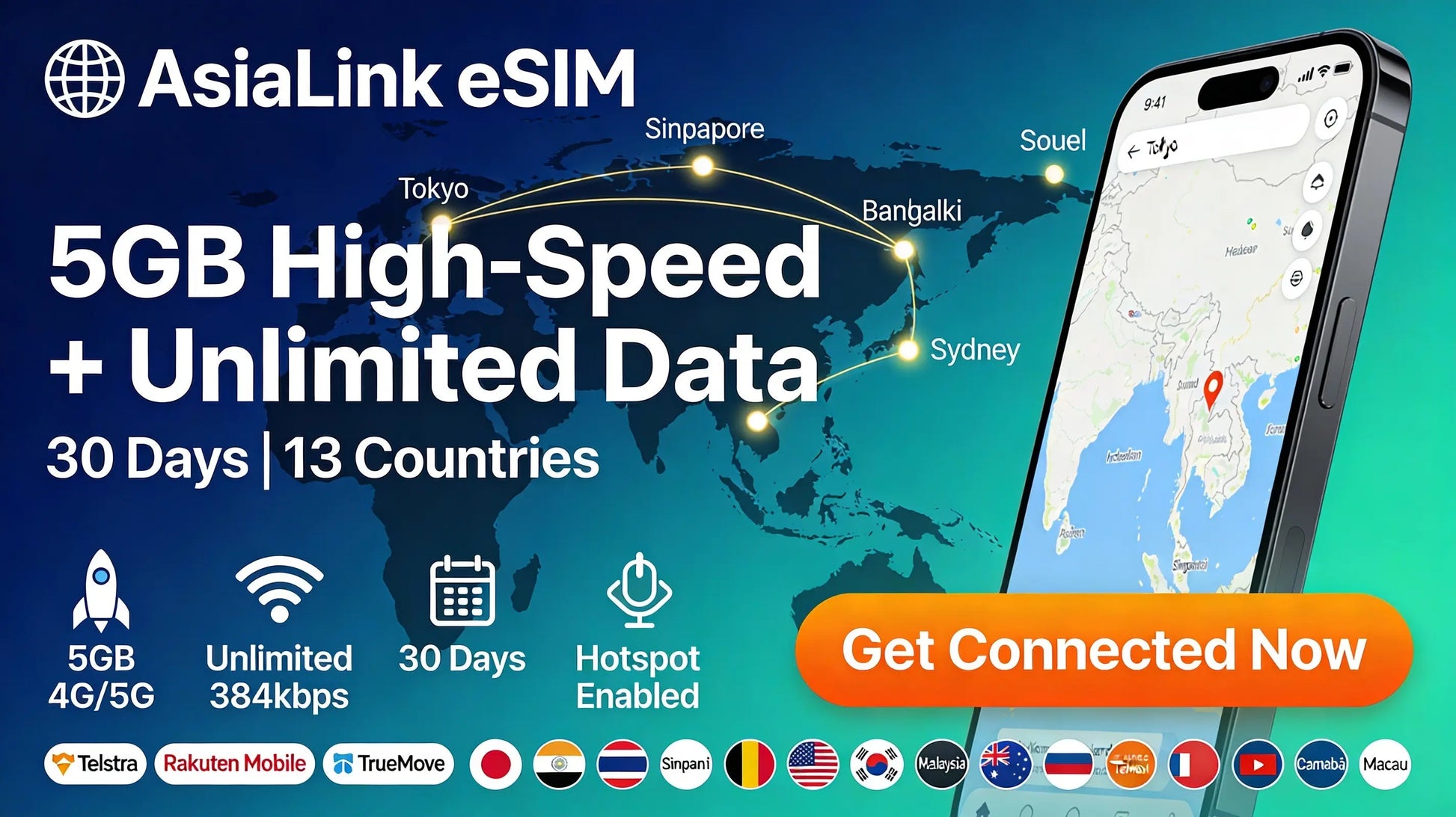 Asia Pacific Travel eSIM - 13 Countries | 5GB High Speed Data + Unlimited 384kbps | 30 Days Balisim2u